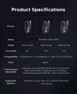 Orico кабел Cable Thunderbolt 5 / USB4 - USB-C 80Gbps PD240W 1m Black - TBZ5-10-BK