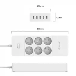 Orico протектор Surge Protector - 6 x Schuko, 5 x USB 2.4A Charging, 4000W, 1.5m - HPC-6A5U-V1-EU-WH