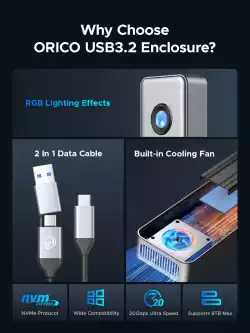 Orico външна кутия за диск Storage - Case - M.2 NVMe M key - USB-C/A, 20Gbps, Built-in Air Cooling, Aluminium - OUM2-G20-SV