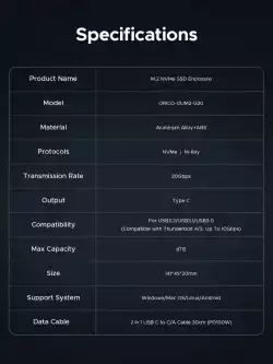 Orico външна кутия за диск Storage - Case - M.2 NVMe M key - USB-C/A, 20Gbps, Built-in Air Cooling, Aluminium - OUM2-G20-SV