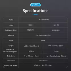 Orico външна кутия за диск Storage - Case - M.2 NVMe M key - USB3.1 Gen2 Type-C, 10Gbps - HM2-G2-BK