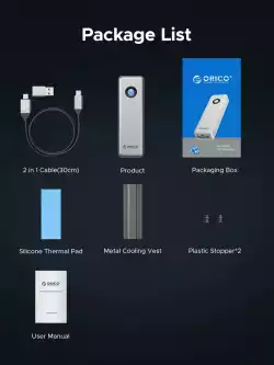 Orico външна кутия за диск Storage - Case - M.2 NVMe M key - USB-C/A, 20Gbps, Built-in Air Cooling, Aluminium - OUM2-G20-SV