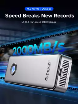Orico външна кутия за диск Storage - Case - M.2 NVMe M key - USB-C/A, 20Gbps, Built-in Air Cooling, Aluminium - OUM2-G20-SV