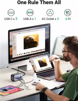 Ugreen разклонител Power Strip DigiNest Pro 100W - 2 x Schuko, 1xUSB-A, 3xUSB-C, GaN, 3680W CD270, 1.8m - 60167                          
