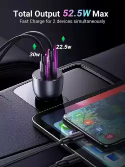 Ugreen зарядно за кола Fast Charger Car - Type-C + USB QC3.0, Power Distribution 52.5W CD213 - 60980                          