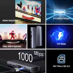 Unitek докинг станция Type-C Docking Station PD3.0 100W - HDMI, USB-C x 1, USB3.0 x 3, LAN, SD, VGA - D1113A