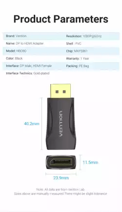 Vention адаптер Adapter DisplayPort DP M / HDMI F Gold plated - HBOB0                          