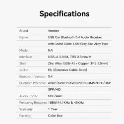 Vention блутут за кола за разговори и музика Car Bluetooth 5.4 audio receiver USB, 3.5mm jack - NAIHG
