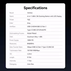 Vention докинг станция Docking Station Type-C - TQZHB - 8K, LED Display - HDMI, USB 3.0 x 2, USB-C 3.2 Gen 1, PD100W,  LAN (1Gbps)