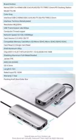 Vention докинг станция Docking Station Type-C - TOLHB - HDMI x 1, USB3.0 x 3, USB-C PD100W x 1, LAN x 1 (1Gbps), SD/TF, Audio