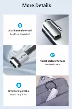 Vention докинг станция Docking Station Type-C - TOLHB - HDMI x 1, USB3.0 x 3, USB-C PD100W x 1, LAN x 1 (1Gbps), SD/TF, Audio