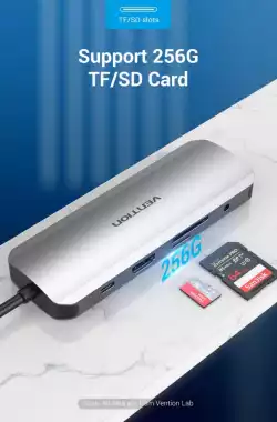 Vention докинг станция Docking Station Type-C - TOLHB - HDMI x 1, USB3.0 x 3, USB-C PD100W x 1, LAN x 1 (1Gbps), SD/TF, Audio