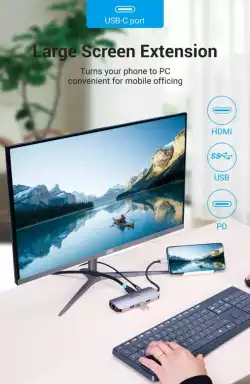 Vention докинг станция Docking Station Type-C - TOLHB - HDMI x 1, USB3.0 x 3, USB-C PD100W x 1, LAN x 1 (1Gbps), SD/TF, Audio