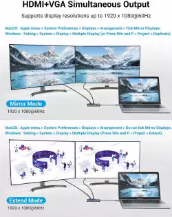 Vention докинг станция Type-C Docking Station Power Distribution 3.0 87W - HDMI, Type-C x 1, USB3.0 x 2, USB 2.0 x 2, LAN, SD/TF, VGA - TFGHB