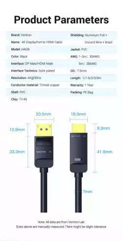 Vention кабел Cable DisplayPort to HDMI 1.5m - 4K, Gold Plated - HAGBG
