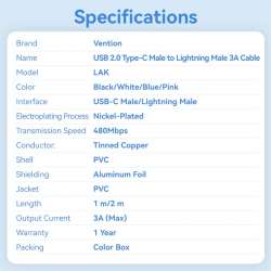 Vention кабел Cable USB 2.0 Type-C to Lighting 1m White - LAKWF