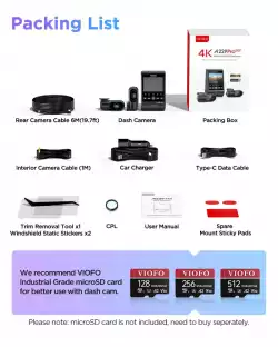 VIOFO Видеорегистратор Dash Cam A229 Pro 3 Channel - 4K, HDR, Dual Sony STARVIS 2, GPS, Bluetooth