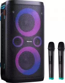 Hisense Party Rocker One Plus (HP110) Bluetooth Speaker with 300W Power, Built-in Woofer, Karaoke Mode, Built-in Wireless Charging Pad, AUX Input and Output, USB, 15 Hour Long-Lasting Battery 4 x 2500Ah, 2x mics included, Black
