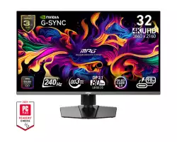 Монитор MSI MPG 322URX QD-OLED, 31.5", 0.03ms, 240Hz, Flat, 3840x2160 UHD, 16:9, G-Sync Compatible, HDR True Black 400, 450 nits, 99% DCI-P3, AG, 1.5M:1, 100M:1, DP(2.1a), 2xHDMI 2.1, 1xTypeC DP alt. w/PD (98W), USB HUB, Pivot, Heigh Adj., VESA, Black, 9.6kg