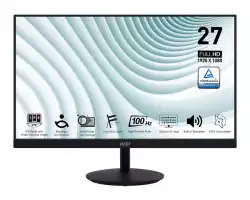 Монитор MSI PRO MP271A, 27", 1ms, 100Hz, IPS, 1920x1080 (FHD), 16:9, FLAT, Display Kit App, Adaptive-Sync, EyesErgo, Less Blue Light, 108% SRGB, AG, 300 nits, 1000:1, DP(1.2a), HDMI 1.4b, VGA, Line-in, Speakers 2x2W, Tilt, VESA, Black, 3.9kg