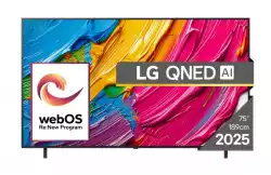 Телевизор LG 75QNED80A3A, 75" 4K QNED HDR Smart TV, 3840x2160, DVB-T2/C/S2, Alpha 7 AI Processor, HDR10 / HLG, webOS 25 ThinQ, VRR / ALLM / HGiG, 4K Upscaling, WiFi 5, Voice Controll, Bluetooth 5.1, AirPlay 2, LAN, CI, HDMI, SPDIF, Google Cast, 2 pole Stand