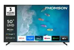 Телевизор Thomson 50" UHD Google TV; 3840 x 2160 (4K UHD), DLED, 60 Hz, Dolby Audio, Google Cast, DVB-T/T2/C/S/S2, HDR10,  Wi-Fi, Bluetooth, LAN, HDMI 3 (2.1), USB 2 (2.0), AV IN, Hotel mode, Side Feet, Black                          