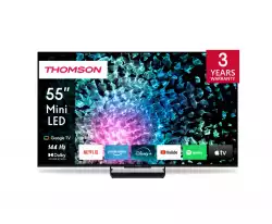 Телевизор Thomson Smart MiniLED TV 55"; Google TV; 3840 x 2160 (4K UHD), 1500000:1, LED, 144 Hz, DVB-T/T2/C/S/S2, HDR10, Wi-Fi, Bluetooth, LAN, HDMI 4 (2.1), USB 2 (2.0) + 1 (3.0), Central Stand, Black Телевизор Thomson Smart MiniLED TV 55"; Google TV; 3840 x 2160 (4K UHD), 1500000:1, LED, 144 Hz, DVB-T/T2/C/S/S2, HDR10, Wi-Fi, Bluetooth, LAN, HDMI 4 (2.1), USB 2 (2.0) + 1 (3.0), Central Stand, Black