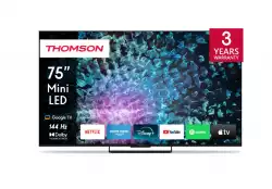 Телевизор Thomson Smart MiniLED TV 75"; Google TV; 3840 x 2160 (4K UHD), 1500000:1, LED, 144 Hz, DVB-T/T2/C/S/S2, HDR10, Wi-Fi, Bluetooth, LAN, HDMI 4 (2.1), USB 2 (2.0) + 1 (3.0), Central Stand, Black