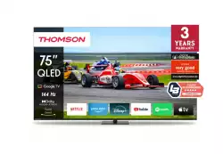 Телевизор Thomson Smart QLED Pro TV 75"; Google TV; 3840 x 2160 (4K UHD), 4000:1, QLED, 144 Hz, DVB-T/T2/C/S/S2, HDR10, Wi-Fi, Bluetooth, LAN, HDMI 2 (2.0) + 2 (2.1), USB 2 (2.0) + 1 (3.0), Central Swivel Stand, Black