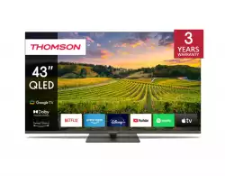 Телевизор Thomson Smart QLED TV 43"; Google TV; 3840 x 2160 (4K UHD), 4000:1, QLED, 60 Hz, DVB-T/T2/C/S/S2, HDR10, Hotel mode, Wi-Fi, Bluetooth, LAN, HDMI 2 (2.0) + 2 (2.1), USB 2 (2.0) + 1 (3.0), Central Swivel Stand, Dark gray Телевизор Thomson Smart QLED TV 43"; Google TV; 3840 x 2160 (4K UHD), 4000:1, QLED, 60 Hz, DVB-T/T2/C/S/S2, HDR10, Hotel mode, Wi-Fi, Bluetooth, LAN, HDMI 2 (2.0) + 2 (2.1), USB 2 (2.0) + 1 (3.0), Central Swivel Stand, Dark gray