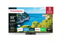 Телевизор Thomson Smart UHD TV 55"; Google TV; 3840 x 2160 (4K UHD), 4000:1, DLED, 60 Hz, DVB-T/T2/C/S/S2, HDR10, Wi-Fi, Bluetooth, LAN, HDMI 2 (2.0) + 2 (2.1), USB 2 (2.0) + 1 (3.0),Central Swivel Stand, Black Телевизор Thomson Smart UHD TV 55"; Google TV; 3840 x 2160 (4K UHD), 4000:1, DLED, 60 Hz, DVB-T/T2/C/S/S2, HDR10, Wi-Fi, Bluetooth, LAN, HDMI 2 (2.0) + 2 (2.1), USB 2 (2.0) + 1 (3.0),Central Swivel Stand, Black