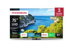 Телевизор Thomson Smart UHD TV 75"; Google TV; 3840 x 2160 (4K UHD), 4000:1, DLED, 60 Hz, DVB-T/T2/C/S/S2, HDR10, Wi-Fi, Bluetooth, LAN, HDMI 2 (2.0) + 2 (2.1), USB 2 (2.0) + 1 (3.0),Central Swivel Stand, Black