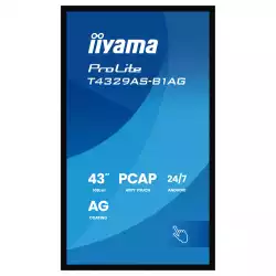 Дисплей IIYAMA T4329AS-B1AG, 42.5", VA panel, AG, 16:9, UHD 3840 x 2160, 6.5ms, 500cd/m2, 4000:1, DeepContrast-PCAP, 2x HDMI, USB-C, LAN, RS232c, IR, 2x USB, Speakers, Portrait, Android 14, iiSignage2, Quad Core A73, 4GB, 32GB, 24/7, 8H glass, VESA, Black