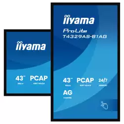 Дисплей IIYAMA T4329AS-B1AG, 42.5", VA panel, AG, 16:9, UHD 3840 x 2160, 6.5ms, 500cd/m2, 4000:1, DeepContrast-PCAP, 2x HDMI, USB-C, LAN, RS232c, IR, 2x USB, Speakers, Portrait, Android 14, iiSignage2, Quad Core A73, 4GB, 32GB, 24/7, 8H glass, VESA, Black