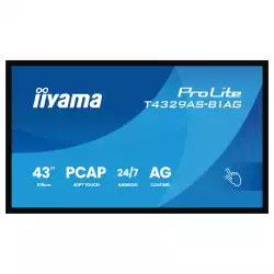 Дисплей IIYAMA T4329AS-B1AG, 42.5", VA panel, AG, 16:9, UHD 3840 x 2160, 6.5ms, 500cd/m2, 4000:1, DeepContrast-PCAP, 2x HDMI, USB-C, LAN, RS232c, IR, 2x USB, Speakers, Portrait, Android 14, iiSignage2, Quad Core A73, 4GB, 32GB, 24/7, 8H glass, VESA, Black