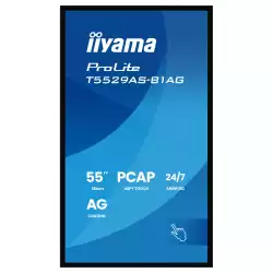 Дисплей IIYAMA T5529AS-B1AG, 54.6", VA panel, AG, 16:9, UHD 3840 x 2160, 6.5ms, 500cd/m2, 4000:1, DeepContrast-PCAP, 2x HDMI, USB-C, LAN, RS232c, IR, 2x USB, Speakers, Portrait, Android 14, iiSignage2, Quad Core A73, 4GB, 32GB, 24/7, 8H glass, VESA, Black