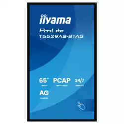 Дисплей IIYAMA T6529AS-B1AG, 64.5", VA panel, AG, 16:9, UHD 3840 x 2160, 6.5ms, 500cd/m2, 4000:1, DeepContrast-PCAP, 2x HDMI, USB-C, LAN, RS232c, IR, 2x USB, Speakers, Portrait, Android 14, iiSignage2, Quad Core A73, 4GB, 32GB, 24/7, 8H glass, VESA, Black