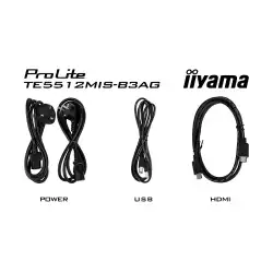 Дисплей IIYAMA TE5512MIS-B3AG, 55" IPS panel, Thin bezel, AG, 16:9, 4K 3840 x 2160, 400cd/m2, 1200:1, 8ms, PureTouch-IR, VGA, 3x HDMI, USB-C, 4x USB, RS232c, LAN, IR, SPDIF, HDMI Out, Speakers, 24/7, WiFi, BT, QC A55 CPU, 8GB, 64GB, OPS slot, Android 11, iiWare 10, VESA, Black