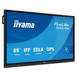 Дисплей IIYAMA TE6513A-B1AG, 64.5" IPS panel, Google EDLA, AG, UHD 3840x2160, 450cd/m2, 1200:1, 8ms, PureTouch-IR+, Android 14, iiWare 21E, iiControl, Quick Radial Menu, 2x HDMI, DP, 2x USB-C, 2x LAN, 3x USB, RS232C, HDMI out, Speakers, WiFi-6, BT, Quad Core A73, 8GB, 128GB, OPS slot, Black