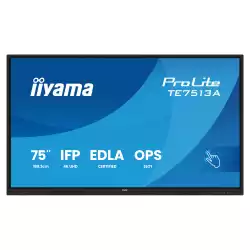 Дисплей IIYAMA TE7513A-B1AG, 75" IPS panel, Google EDLA, AG, UHD 3840x2160, 450cd/m2, 1200:1, 8ms, PureTouch-IR+, Android 14, iiWare 21E, iiControl, Quick Radial Menu, 2x HDMI, DP, 2x USB-C, 2x LAN, 3x USB, RS232C, HDMI out, Speakers, WiFi-6, BT, Quad Core A73, 8GB, 128GB, OPS slot, Black