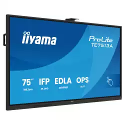 Дисплей IIYAMA TE7513A-B1AG, 75" IPS panel, Google EDLA, AG, UHD 3840x2160, 450cd/m2, 1200:1, 8ms, PureTouch-IR+, Android 14, iiWare 21E, iiControl, Quick Radial Menu, 2x HDMI, DP, 2x USB-C, 2x LAN, 3x USB, RS232C, HDMI out, Speakers, WiFi-6, BT, Quad Core A73, 8GB, 128GB, OPS slot, Black