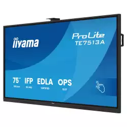 Дисплей IIYAMA TE7513A-B1AG, 75" IPS panel, Google EDLA, AG, UHD 3840x2160, 450cd/m2, 1200:1, 8ms, PureTouch-IR+, Android 14, iiWare 21E, iiControl, Quick Radial Menu, 2x HDMI, DP, 2x USB-C, 2x LAN, 3x USB, RS232C, HDMI out, Speakers, WiFi-6, BT, Quad Core A73, 8GB, 128GB, OPS slot, Black