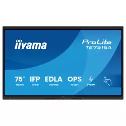 Дисплей IIYAMA TE7515A-B1AG, 74.5" IPS panel, Google EDLA, AG, UHD 3840x2160, 550cd/m2, 1200:1, 8ms, DeepContrast-IR+, 2x HDMI, DP, USB-C, RS232c, 2x LAN, 3x USB, USB-C out, HDMI out, Mic, Speakers, OPS slot, Android 14, iiWare 21E, Octa Core, 16GB, 128GB, WiFi, BT, Sensors, Black