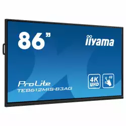 Дисплей IIYAMA TE8612MIS-B3AG, 85.6" VA panel, Thin bezel, Anti-Glare, PureTouch- IR, 16:9, 4K UHD 3840 x 2160, 400cd/m2, 4000:1, 8ms, VGA, 3x HDMI, USB-C, 5x USB, RS-232c, LAN, IR, HDMI Out, SPDIF, Speakers, Android 11, iiWare 10, WiFi, BT, Quad core A55, 8GB, 64GB, 24/7, Black