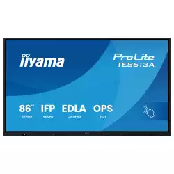 Дисплей IIYAMA TE8613A-B1AG, 85.6" IPS panel, Google EDLA, AG, UHD 3840x2160, 450cd/m2, 1200:1, 8ms, PureTouch-IR+, Android 14, iiWare 21E, iiControl, Quick Radial Menu, 2x HDMI, DP, 2x USB-C, 2x LAN, 3x USB, RS232C, HDMI out, Speakers, WiFi-6, BT, Quad Core A73, 8GB, 128GB, OPS slot, Black
