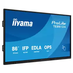 Дисплей IIYAMA TE8613A-B1AG, 85.6" IPS panel, Google EDLA, AG, UHD 3840x2160, 450cd/m2, 1200:1, 8ms, PureTouch-IR+, Android 14, iiWare 21E, iiControl, Quick Radial Menu, 2x HDMI, DP, 2x USB-C, 2x LAN, 3x USB, RS232C, HDMI out, Speakers, WiFi-6, BT, Quad Core A73, 8GB, 128GB, OPS slot, Black