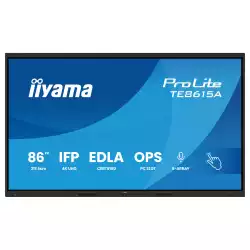 Дисплей IIYAMA TE8615A-B1AG, 85.6" IPS panel, Google EDLA, AG, UHD 3840x2160, 550cd/m2, 1200:1, 8ms, DeepContrast-IR+, 2x HDMI, DP, USB-C, RS232c, 2x LAN, 3x USB, USB-C out, HDMI out, Mic, Speakers, OPS slot, Android 14, iiWare 21E, Octa Core, 16GB, 128GB, WiFi, BT, Sensors, Black
