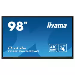 Дисплей IIYAMA TE9812MIS-B3AG, 97.5" PureTouch-IR, IPS panel, AG, 16:9, 4K UHD 3840x2160, 400cd/m2, 1200:1, 4000:1, 8ms, Android 11, iiWare 10, WiFi, BT, Quad core A55, 8GB, 64GB, VGA, 3x HDMI, USB-C, 4x USB, LAN, RS232, IR, SPDIF, Speakers, 24/7, VESA, Black