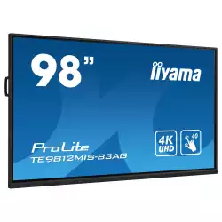 Дисплей IIYAMA TE9812MIS-B3AG, 97.5" PureTouch-IR, IPS panel, AG, 16:9, 4K UHD 3840x2160, 400cd/m2, 1200:1, 4000:1, 8ms, Android 11, iiWare 10, WiFi, BT, Quad core A55, 8GB, 64GB, VGA, 3x HDMI, USB-C, 4x USB, LAN, RS232, IR, SPDIF, Speakers, 24/7, VESA, Black