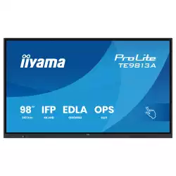 Дисплей IIYAMA TE9813A-B1AG, 97.5" IPS panel, Google EDLA, AG, UHD 3840x2160, 450cd/m2, 1200:1, 8ms, PureTouch-IR+, Android 14, iiWare 21E, iiControl, Quick Radial Menu, 2x HDMI, DP, 2x USB-C, 2x LAN, 3x USB, RS232C, HDMI out, Speakers, WiFi-6, BT, Quad Core A73, 8GB, 128GB, OPS slot, Black